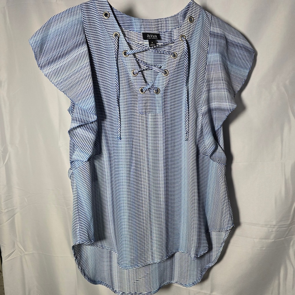 ana A New Approach Blue White Striped Lace Up Flutter Sleeve Blouse Small